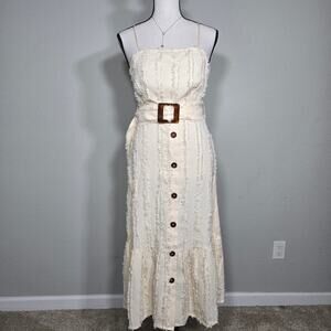 Moon River Cream Fringe Midi Dress XS Belted Button Front Coquette Bridal Resort